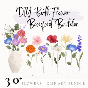 DIY Birth Flower Bouquet, Family Flower Printable, Custom Family Bouquet, Flower Clipart PNG Files, Grandmas Garden, Christmas Gift for Her