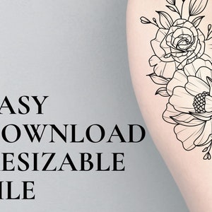 Peony and Roses Tattoo Design Download, Digital Tattoo Design For Women, Rose Stencil, Hip or Thigh Tattoo Design, Peony Tattoo Stencil image 3