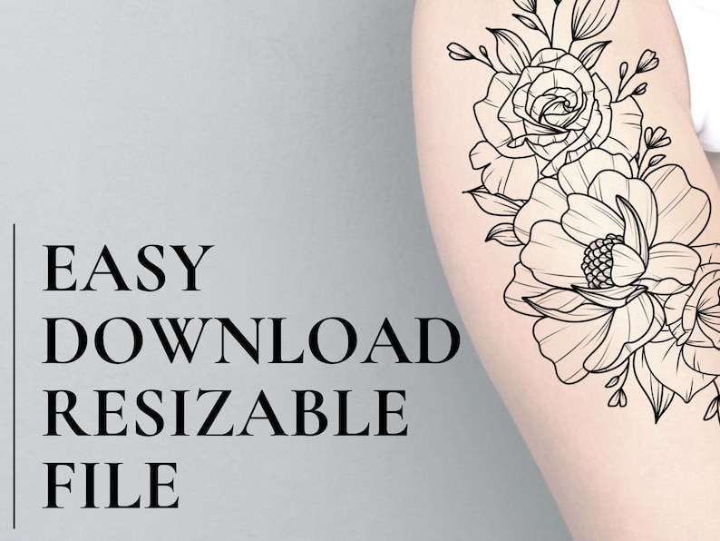 Peony and Roses Tattoo Design Download, Digital Tattoo Design For Women, Rose Stencil, Hip or Thigh Tattoo Design, Peony Tattoo Stencil image 3