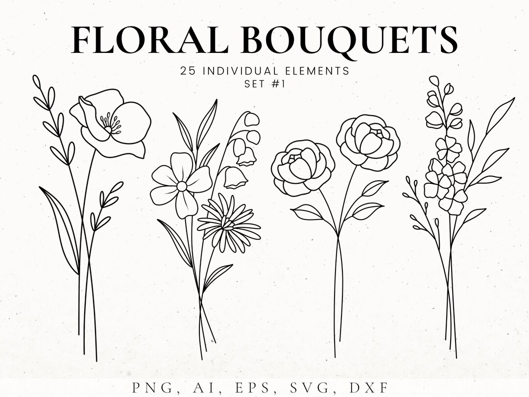 Flower Bouquet Svg Bundle, Flower Stencil, Flower Tattoo Design, Floral ...
