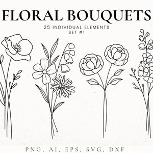 Flower Bouquet Svg Bundle, Flower stencil, Flower Tattoo Design, Floral Clip Art PNG, Wildflowers SVG file for Cricut, Birth Flower Clip Art