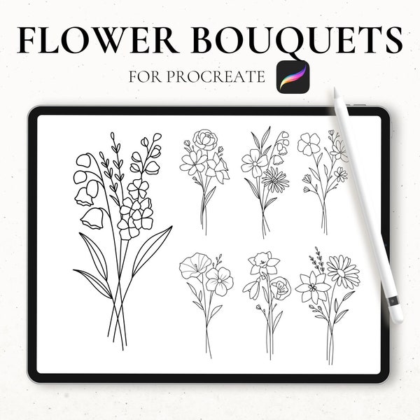 Flower Bouquet Procreate Stamp Brush, Flower Stencil, Procreate Floral Stamps, Flowers for Procreate, Bouquet Stamp, Flower Tattoo Stencil