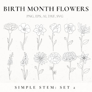 Birth Month Flower Svg Bundle, Fine Line Flower, Flower stencil, Floral Tattoo Design for women, Birth Flower Clip Art, Botanical SVG, Files