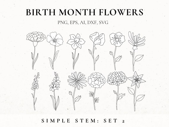 Birth Month Flower Svg Bundle, Fine Line Flower, Flower stencil, Floral Tattoo Design for women, Birth Flower Clip Art, Botanical SVG, Files