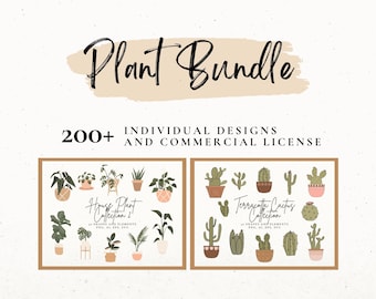 Può includere: Un'illustrazione digitale di un pacchetto di piante con oltre 200 design individuali. Il pacchetto include due collezioni: House Plant Collection 2 e Terracotta Cactus Collection. L'immagine mostra una varietà di piante da interno e cactus in vaso, con una licenza commerciale inclusa.
