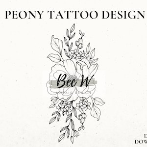 Peony Tattoo Design Download, Instant Digital Download Tattoo, Printable Stencil, Hip or Thigh Tattoo Design, Large Floral Tattoo Stencil