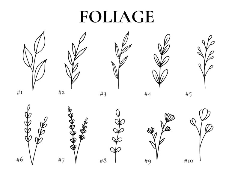 May include: A set of ten black and white line drawings of different foliage designs. The designs are numbered 1 through 10.