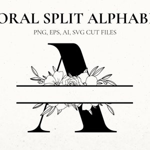 分割文字アルファベット SVG、花柄アルファベット クリップ アート、花柄 SVG、分割モノグラム、分割イニシャル SVG、花柄モノグラム SVG カット ファイル