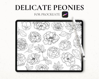 100 Peony Stamps Procreate, Procreate Floral Stamps, Flower Tattoo Stencil, iPad Procreate Brushes, Graphic Tattoo, flower Procreate Stamps