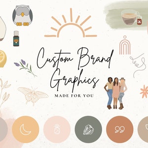 Könnte beinhalten: Eine Sammlung von benutzerdefinierten Markengrafiken mit einer neutralen Farbpalette. Das Bild enthält Illustrationen eines ätherischen Öldiffusors, einer Eule, einer Zitrone, eines Schmetterlings, einer Sonne und den Text "Custom Brand Graphics MADE FOR YOU".