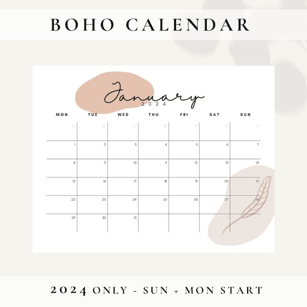 2024 Printable Monthly Calendar Planner, Neutral Boho Calendar, Goodnotes Planner, Minimalist Calendar 2024 Download, Wall Planner