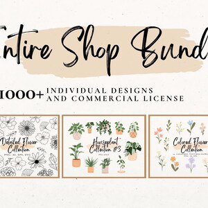 Puede incluir: Tres ilustraciones digitales de diseños florales y vegetales. La primera imagen muestra ilustraciones detalladas de flores en blanco y negro. La segunda imagen muestra plantas de interior en maceta en varios tonos de verde. La tercera imagen muestra flores de colores en varios tonos de rosa, amarillo y azul.