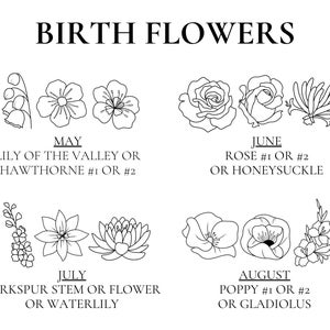 May include: Black and white line art illustration of birth flowers for each month of the year. May: Lily of the Valley or Hawthorn. June: Rose or Honeysuckle. July: Larkspur or Waterlily. August: Poppy or Gladiolus.
