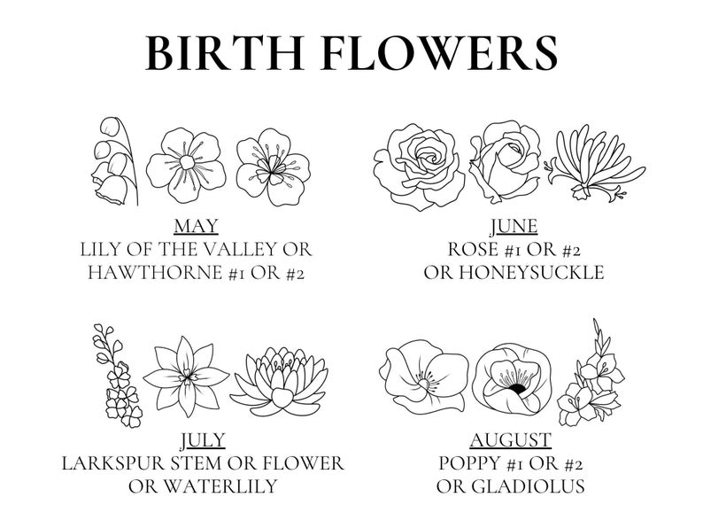 May include: Black and white line art illustration of birth flowers for each month of the year. May: Lily of the Valley or Hawthorn. June: Rose or Honeysuckle. July: Larkspur or Waterlily. August: Poppy or Gladiolus.