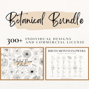 Pacote SVG botânico, pacote de clip art de plantas para uso comercial, conjuntos SVG de flores de nascimento, SVG de lua, monogramas de alfabeto, estênceis de tatuagem de flores