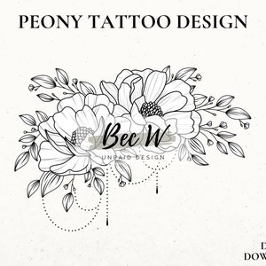 Download de design de tatuagem de peônia, tatuagem de download digital instantâneo, estêncil para impressão, design de tatuagem de quadril ou coxa, estêncil de tatuagem floral grande