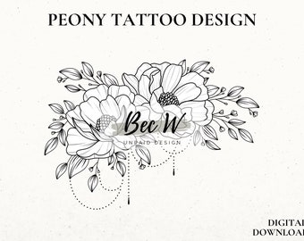Peony Tattoo Design Download, Instant Digital Download Tattoo, Printable Stencil, Hip or Thigh Tattoo Design, large floral tattoo stencil