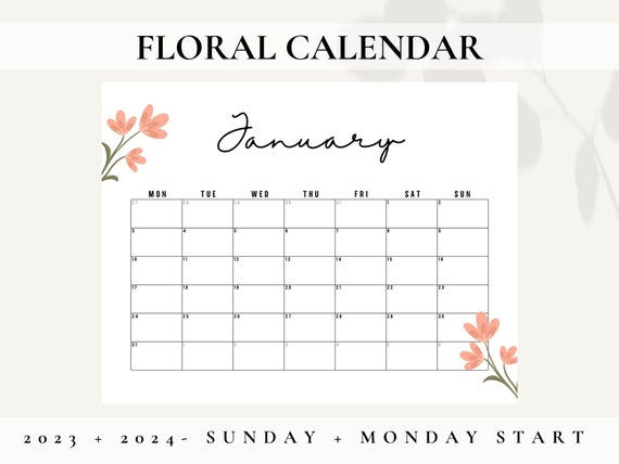 2023 and 2024, Printable 2023 Monthly Calendar Planner, Flower Goodnotes  Planner 2023, Wall Calendar, Floral Calendar Printable Download 