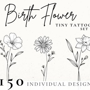 Birth Month Flower Tattoo Bundle, Floral Tattoo Design, Wildflower Tattoo Design, Tiny Tattoo Stencil, Dainty Tattoo Design for Women