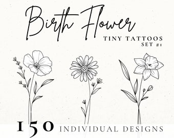 Birth Month Flower Tattoo Bundle, Floral Tattoo Design, Wildflower Tattoo Design, Tiny Tattoo Stencil, Dainty Tattoo Design for Women