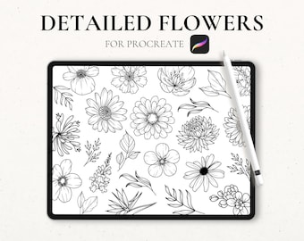 25 Flower Stamps Procreate, Procreate Floral Stamps, Flower Tattoo Stencil, iPad Procreate Brushes, Graphic Tattoo, Sunflower Procreate