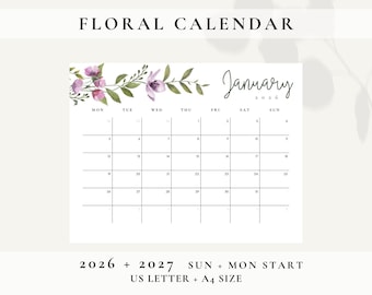 Calendario imprimible 2026 y 2027, Planificador mensual, Calendario bohemio neutro, Planificador bohemio para Goodnotes, Descarga del calendario imprimible 2026