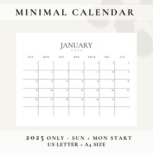 2025 Printable Monthly Calendar Planner, Minimal Calendar Printable, Goodnotes Planner, Simple Calendar 2025 Download, Business Wall Planner