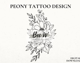 Pivoine Tattoo Design Télécharger, Tatouage en téléchargement numérique instantané, Pochoir imprimable, Conception de tatouage de hanche ou de cuisse, grand pochoir de tatouage floral