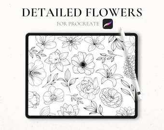 25 Flower Stamps Procreate, Procreate Floral Stamps, Flower Tattoo Stencil, iPad Procreate Brush, Graphic Tattoo Procreate, Filigree Flowers