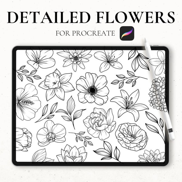 25 Flower Stamps Procreate, Procreate Floral Stamps, Flower Tattoo Stencil, iPad Procreate Brush, Graphic Tattoo Procreate, Filigree Flowers