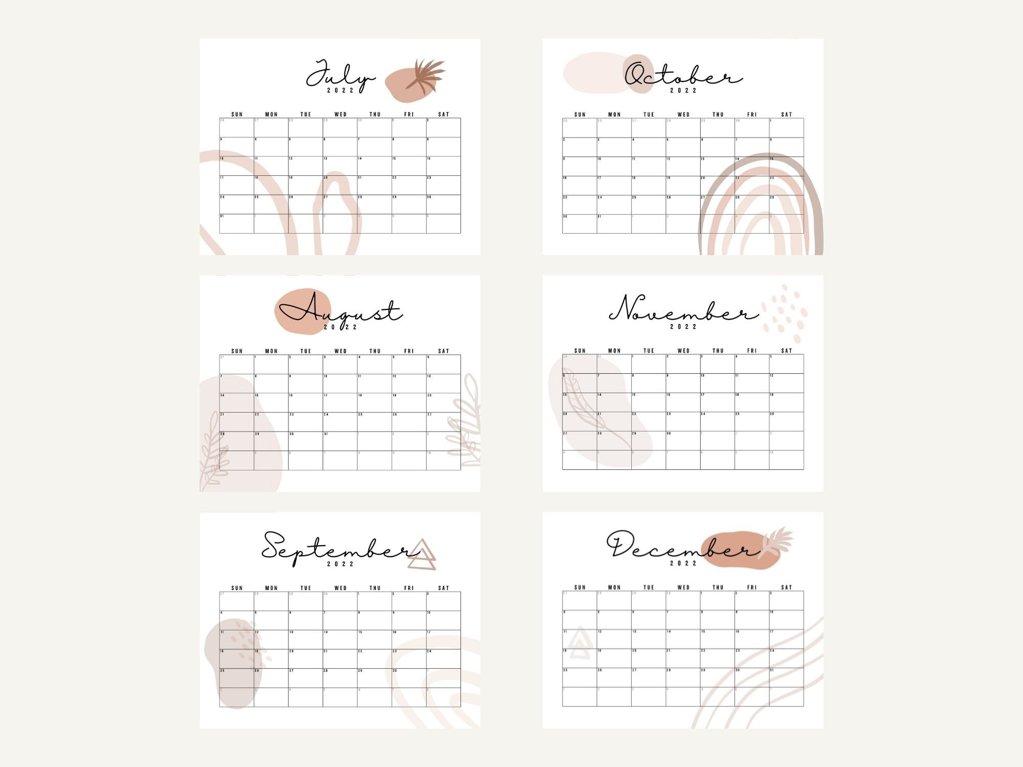 2022 monthly calendar printable neutral boho calendar