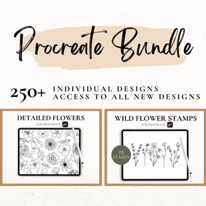 Pacote de selos Procreate, pacote de clip art de plantas para uso comercial, conjunto de buquê de flores de nascimento, estênceis de tatuagem de flores, tatuagens florais detalhadas