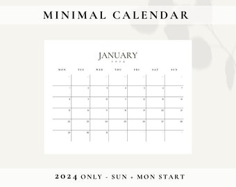 2024 Printable Monthly Calendar Planner, Minimal Calendar Printable, Goodnotes Planner, Simple Calendar 2024 Download, Wall Planner