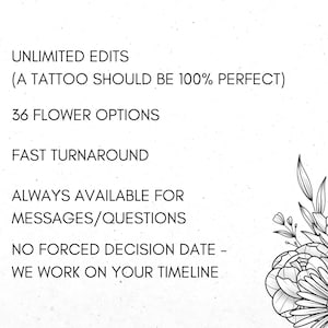 May include: A checklist with five checked boxes and text describing the benefits of working with a tattoo artist. The text includes: Unlimited Edits (A tattoo should be 100% perfect), 36 Flower Options, Fast Turnaround, Always Available for Messages/Questions, No Forced Decision Date - We Work on Your Timeline.