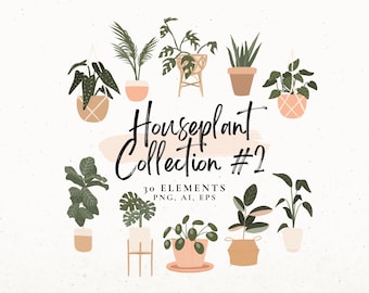 May include: A collection of 30 houseplant illustrations in various styles and colors. The illustrations include plants in pots, hanging baskets, and on stands. The text "Houseplant Collection #2" is written in black cursive lettering.