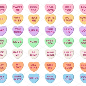 Conversation Hearts SVG Clip Art Set, Coloured candy hearts bundle, sweet heart text, valentine&#39;s day Svg bundle, I love you clip art, xoxo