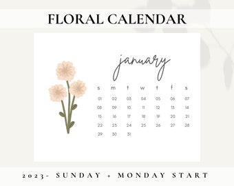 Printable 2023 Monthly calendar planner, Flower Calendar 2023, Floral Calendar, Goodnotes Calendar 2023 download, Calendar Printable Planner