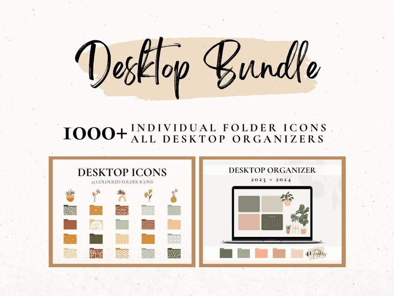Op de afbeelding: Een digitale desktop-organizerbundel met meer dan 1000 individuele map-pictogrammen. De bundel bevat een desktop-organizer met een kalender voor 2023 en 2024, en een set kleurrijke map-pictogrammen met verschillende patronen.