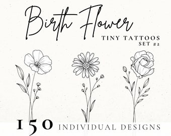 Birth Month Flower Tattoo Bundle, Floral Tattoo Design, Wildflower Tattoo Design, Tiny Tattoo Stencil, Dainty Tattoo Design for Women