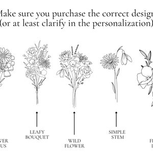 May include: Five different floral designs, each with a different style. The first design is a bouquet with a focus on the flowers. The second design is a leafy bouquet. The third design is a wild flower bouquet. The fourth design is a simple stem with a single flower. The fifth design is a flat lay of flowers.