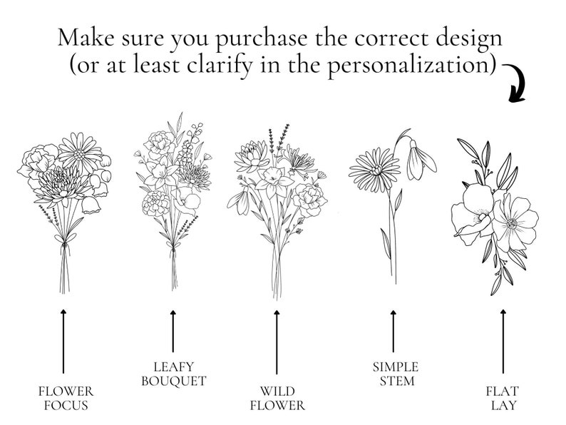 May include: Five different floral designs, each with a different style. The first design is a bouquet with a focus on the flowers. The second design is a leafy bouquet. The third design is a wild flower bouquet. The fourth design is a simple stem with a single flower. The fifth design is a flat lay of flowers.