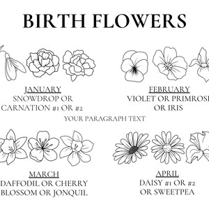 May include: A black and white line drawing illustration of birth flowers for each month of the year. January: Snowdrop or Carnation. February: Violet or Primrose or Iris. March: Daffodil or Cherry Blossom or Jonquil. April: Daisy or Sweetpea.