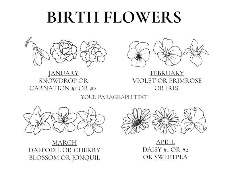May include: A black and white line drawing illustration of birth flowers for each month of the year. January: Snowdrop or Carnation. February: Violet or Primrose or Iris. March: Daffodil or Cherry Blossom or Jonquil. April: Daisy or Sweetpea.