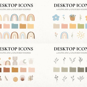 Op de afbeelding: Set van 20 digitale bureaubladpictogrammen met regenbogen, bloemen, zon, maan en abstracte vormen. Bevat 10 pictogrammen en 5 gekleurde mappen in een boho-stijl.
