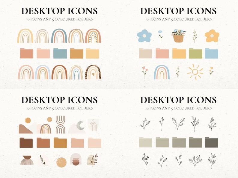 Op de afbeelding: Set van 20 digitale bureaubladpictogrammen met regenbogen, bloemen, zon, maan en abstracte vormen. Bevat 10 pictogrammen en 5 gekleurde mappen in een boho-stijl.