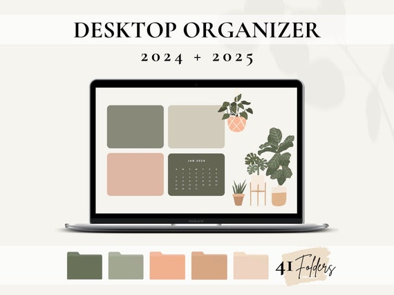 2024 and 2025 Desktop Organizer, 2024 Digital Planner, Boho Plant Calendar,  Aesthetic Desktop Wallpaper, Folder Icons for Mac, Windows Icons 