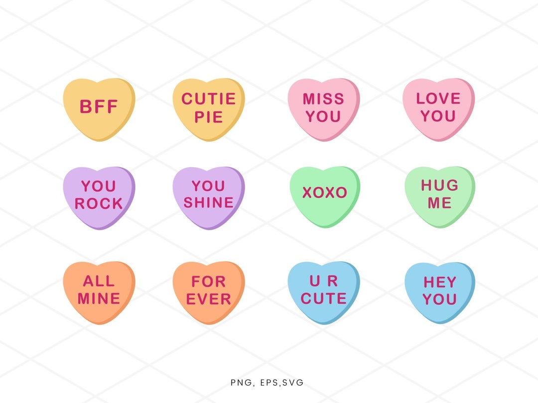 Conversation Hearts SVG Clip Art Set, Coloured Candy Hearts Bundle ...