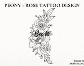 Peony and Roses Tattoo Design Download, Digital Tattoo Design For Women, Rose Stencil, Hip or Thigh Tattoo Design, Peony Tattoo Stencil