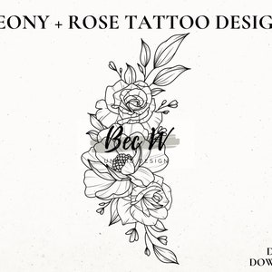 Peony and Roses Tattoo Design Download, Digital Tattoo Design For Women, Rose Stencil, Hip or Thigh Tattoo Design, Peony Tattoo Stencil