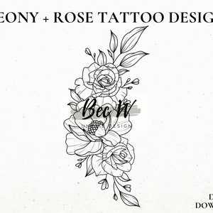 Peony and Roses Tattoo Design Download, Digital Tattoo Design For Women, Rose Stencil, Hip or Thigh Tattoo Design, Peony Tattoo Stencil image 1